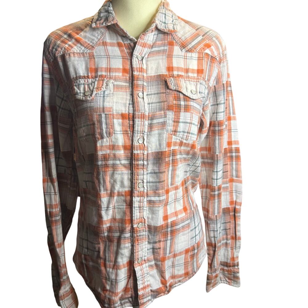 Guess Western Slim Fit Plaid Shirt, Orange and Gray Pearl Snaps, Women's Small